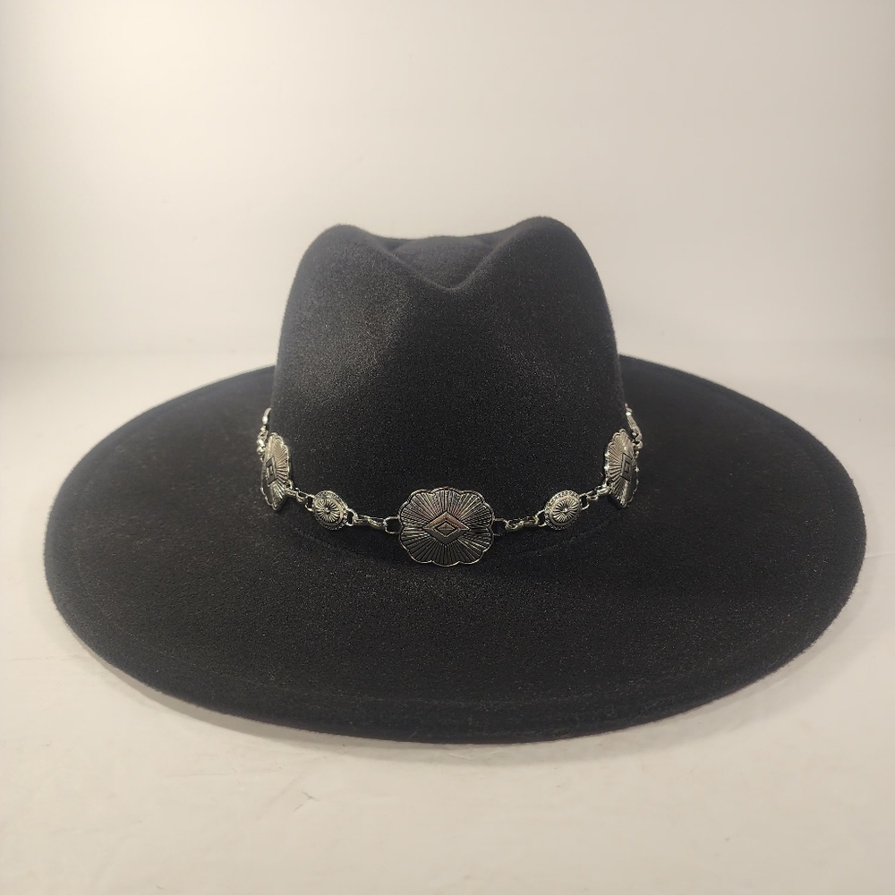 Altar'd State Round Black Fedora With Silver Chain 100% Wool RN # 13826